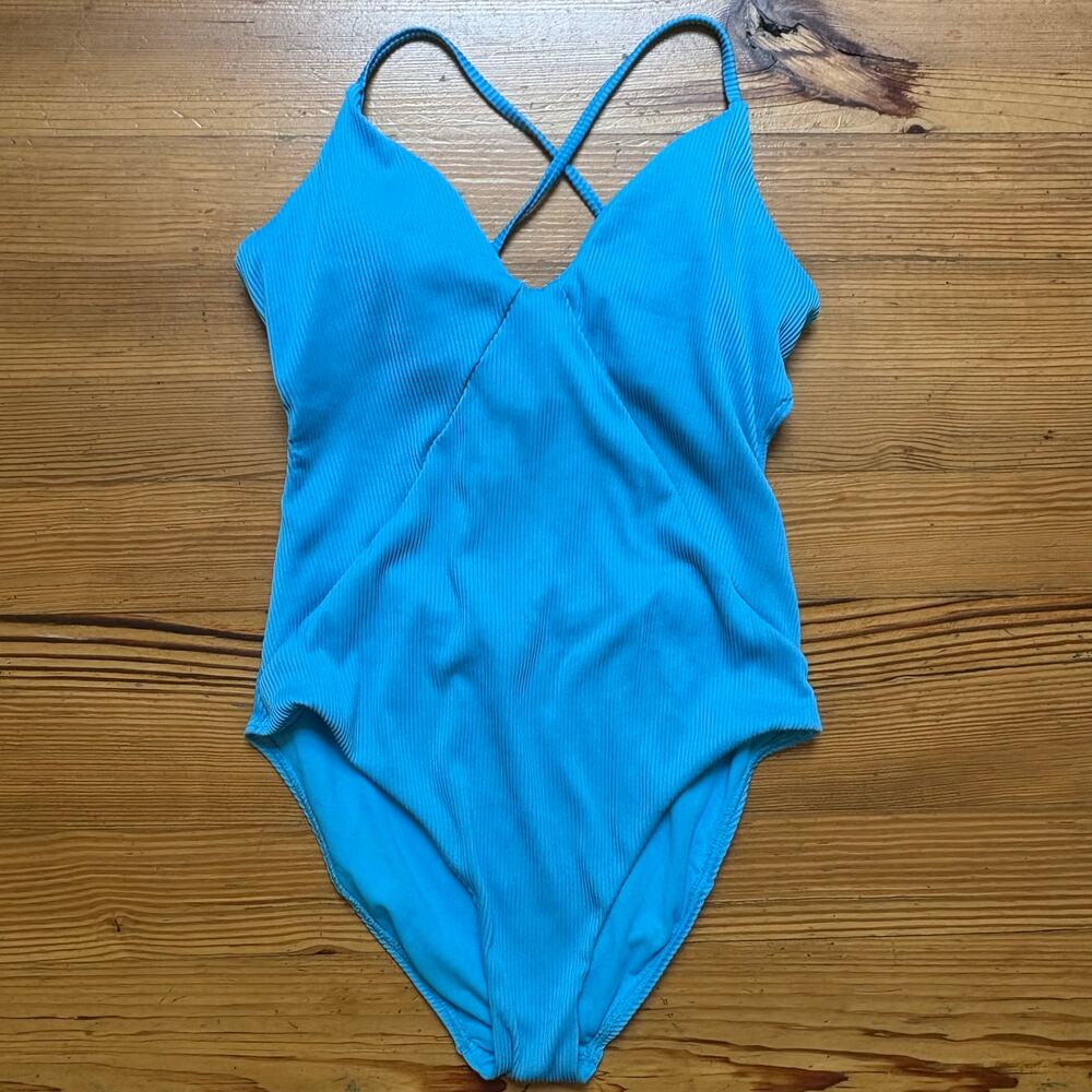 SO aqua‎ blue ribbed lace open back moderate coverage one piece swimsuit SIZE L